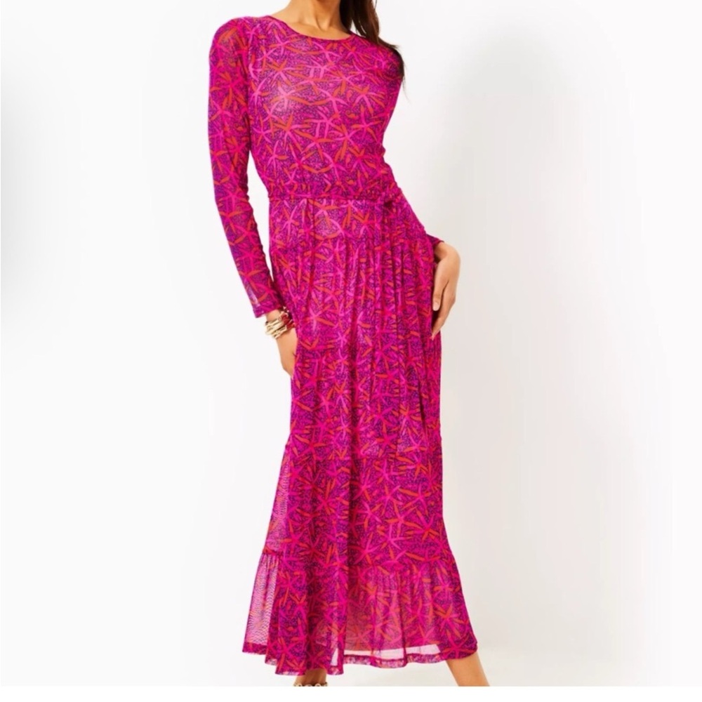 Izabella Print Long Sleeve Tiered Maxi Dress Elegant Pink Patterned Maxi Dress